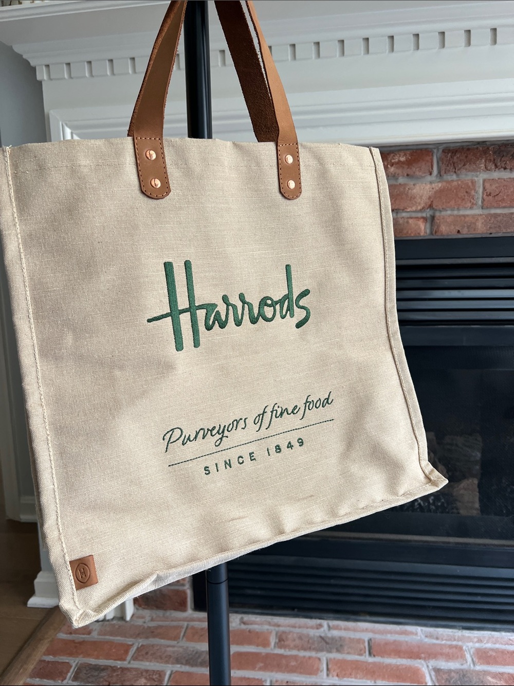Harrods Natural Canvas Tote with Green Logo and Brown Leather Handles